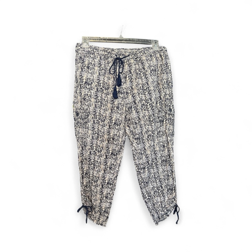 💙🤍 EUC CAFFE MARRAKESH Navy & Cream Abstract Print Linen Jogger Pants | Sz M